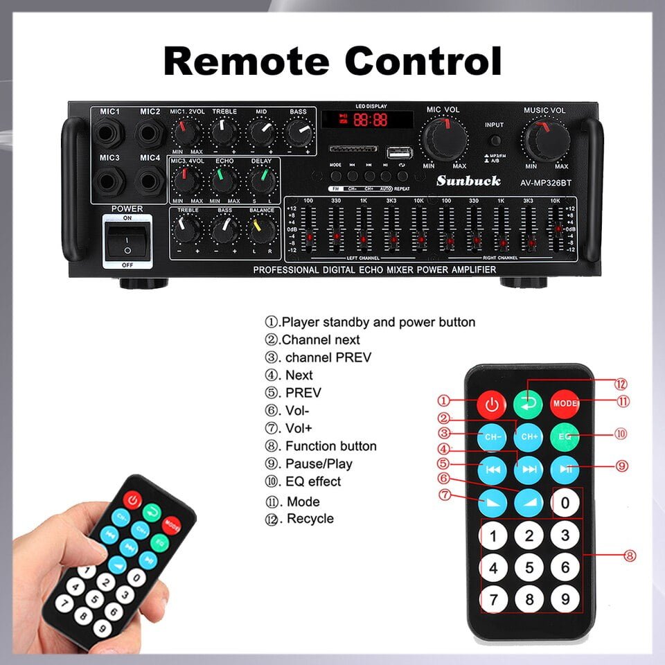 Aplificador 2000W 5.0 bluetooth 2 canais 12V/220V AV 4 ENTRADAS micro para CARRO e CASA - Imagem 6